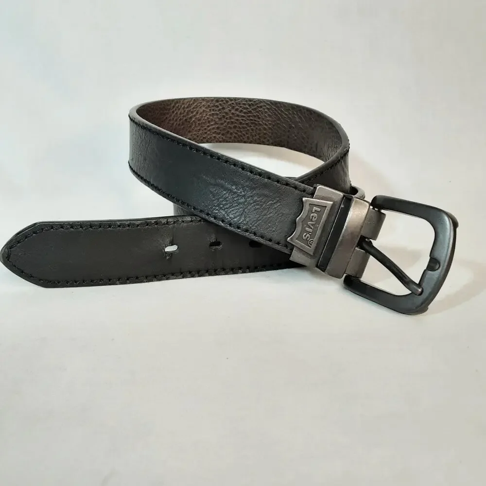 💎Levis Reversible Faux Pebbled Leather Belt Size M 26-28 Heavy Metal Hardware